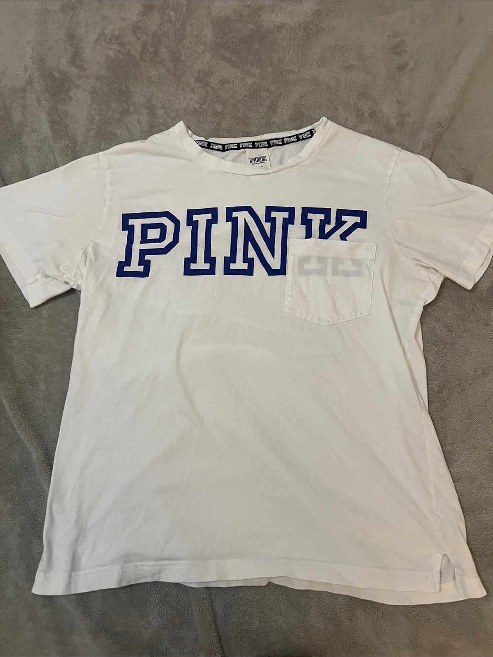 PINK Victoria's Secret White Tee with Blue Logo and Pocket